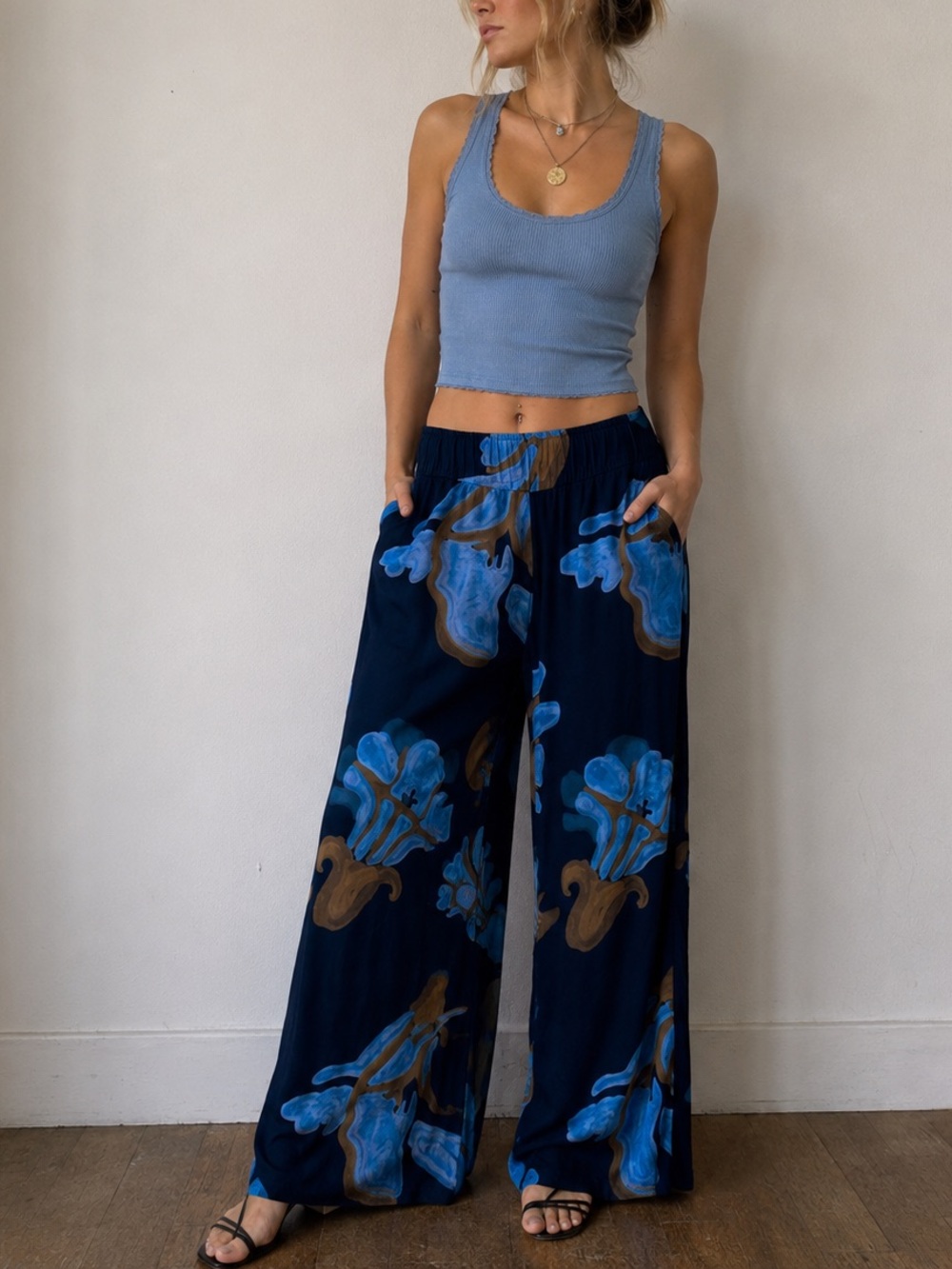 De‎ Loreta Sur Wide Leg Pants Navy Blue Abstract Floral Art XL Coastal Resort